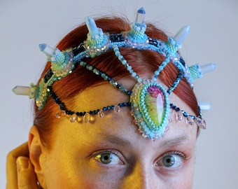 Quartz Crystal Headband Crown Made Of Manmade Opal Stones, Forehead Costume Jewelry Spike Beaded Headpiece