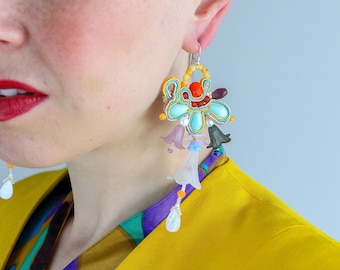 Colorful soutache earrings, funky large earrings, beaded flower earrings, Soutache jewelry