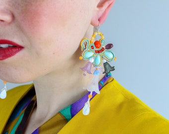 Colorful soutache earrings, funky large earrings, beaded flower earrings, Soutache jewelry