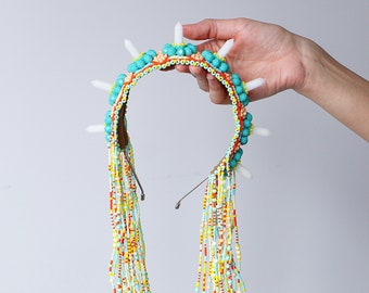 Colorful Goddess Headdress Crown Embroidered Headband With White Jade Crystal Quartz Spike Beads and Beaded Tassels