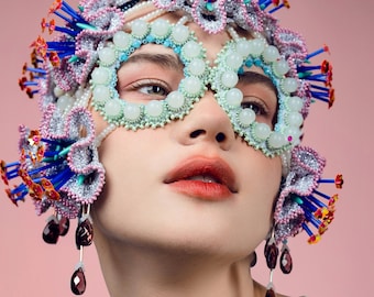 Colorful fairy mask flower headpiece, haute couture fashion costume accessories