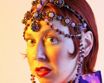Statement Hair Jewelry Purple Beaded Headdress Wedding Forehead Headpiece Festival Hair Accessories Flapper Costume Piece