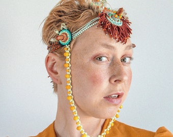 Coiffe perlée, coiffe tribale, bijoux de cheveux, couvre-chef de festival, accessoires de tête de fête