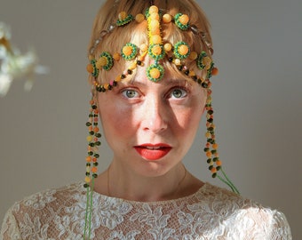 Festival Green Orange Forehead Jewelry Burlesque Headpiece Costume Beaded Colorful Headdress Art Deco Inspired Head Jewelry