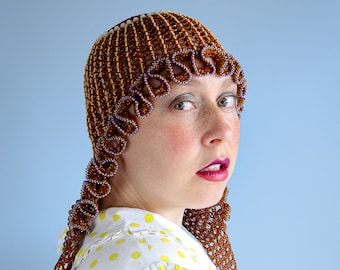 Crochet Head Covering Beaded Hat Scarf With Long Ribbon Ties And Beaded Ruffle Forehead, Spring Summer Knitwear Collection