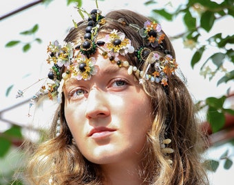 Flower Forehead Circle Headpiece Floral Hair Jewelry Wearable Art Beaded Headdress