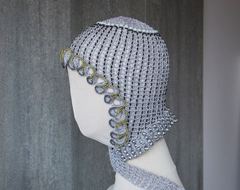 Women's Unique Crochet Hat Scarf Silver With Ruffle Forehead Decorated by Beads