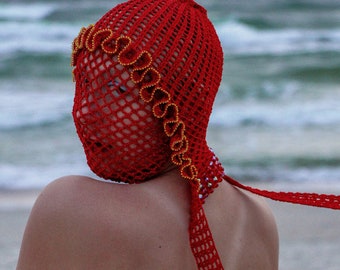 Full face crochet mask, headwear, head scarf with face covering net, haute couture red mask