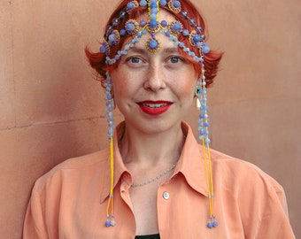 Colorful Beaded Festival Headdress Art Deco Fashion Burlesque Headpiece With Bead Fringe 1920s Flapper Hair Jewelry Headwear