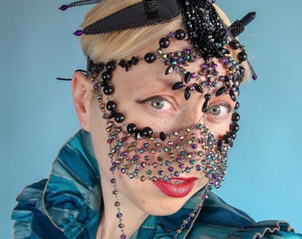 Black Beaded Headpiece With Rainbow Face Chain Veil Mask For Festivals, Weddings, Parties