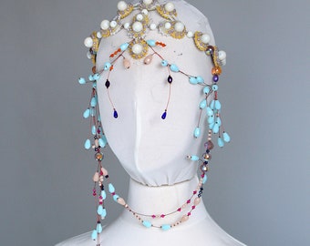 Colorful headpiece, beaded headdress, pastel goth hair jewelry and accessories