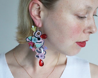Colorful Soutache earrings, Large asymmetrical earrings, festival jewelry design