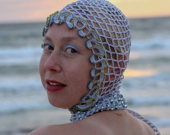 Silver Crochet Hair Snood Hat With Ruffle Forehead And Long String