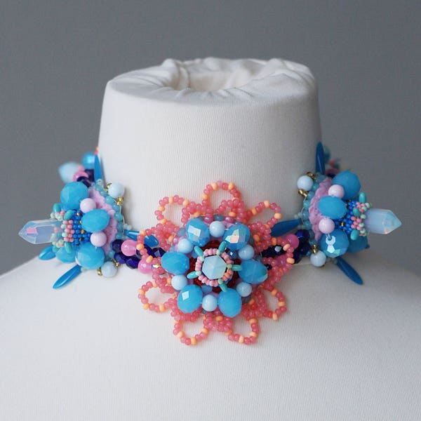 Choker collar necklace for women and man, Pastel blue flower choker necklace, Pastel goth jewelry neck piece