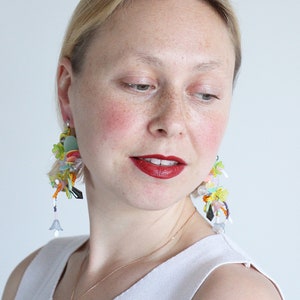 Beaded Soutache earrings, playful yellow earrings, floral beaded earrings, bead flower earrings, colorful funny earrings, Soutache Jewelry image 3