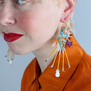 Rainbow soutache earrings, long dangle earrings, large fringe earrings, playful colorful beaded jewelry, Festival earrings