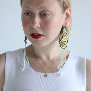 Long Soutache earrings, large fringe earrings, big beaded earrings, long dangle earrings, green yellow jewelry, Festival accessories image 3