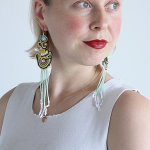 Long Soutache earrings, large fringe earrings, big beaded earrings, long dangle earrings, green yellow jewelry, Festival accessories image 7
