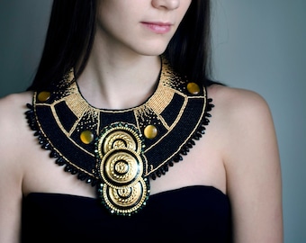 Black Cleopatra Beaded Necklace Extra Large Statement Collar Egyptian Cleopatra Costume Jewelry With Gold Ornaments