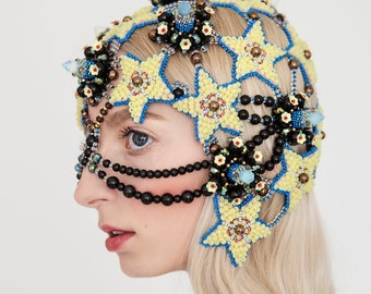 Avantgarde headpiece, beaded headdress, couture headwear, turtle mask, Wearable costume jewelry, Haute couture hat