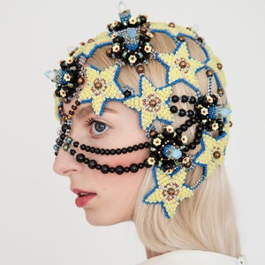 Avantgarde headpiece, beaded headdress, couture headwear, turtle mask, Wearable costume jewelry, Haute couture hat image 1