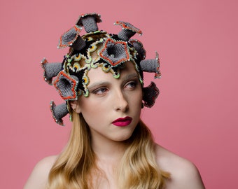 Avant garde crochet headpiece with flowers