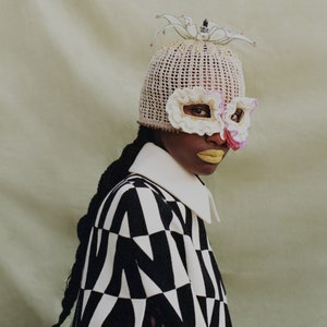 Crochet Balaclava Mask Wearable Art Headwear Headpiece Gold Lace Beaded Hat With Ruffle Eyes