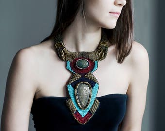 Women Statement Bib Necklace Colorful Chunky Beaded Collar With Two Gemstones Unique Bead Embroidery Neck Jewelry