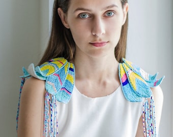 Beaded feather shoulder epaulettes with fringe - made to order