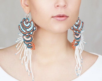 Beaded fringe earrings, extra large earrings, Statement soutache earrings, large dangle earrings, big white fringe earrings, wedding jewelry