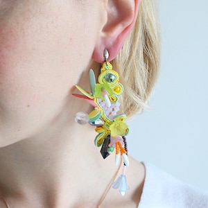 Beaded Soutache earrings, playful yellow earrings, floral beaded earrings, bead flower earrings, colorful funny earrings, Soutache Jewelry image 6