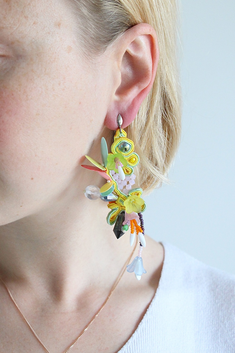 Beaded Soutache earrings, playful yellow earrings, floral beaded earrings, bead flower earrings, colorful funny earrings, Soutache Jewelry image 6