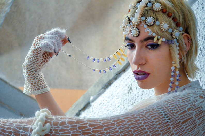 Boho Wedding Beaded Headpiece, Bridal Hair Jewelry, Art Deco Flapper Headdress Made Of White Agate Gemstone And Purple Drop Beads image 1