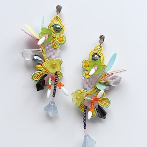 Beaded Soutache earrings, playful yellow earrings, floral beaded earrings, bead flower earrings, colorful funny earrings, Soutache Jewelry image 2