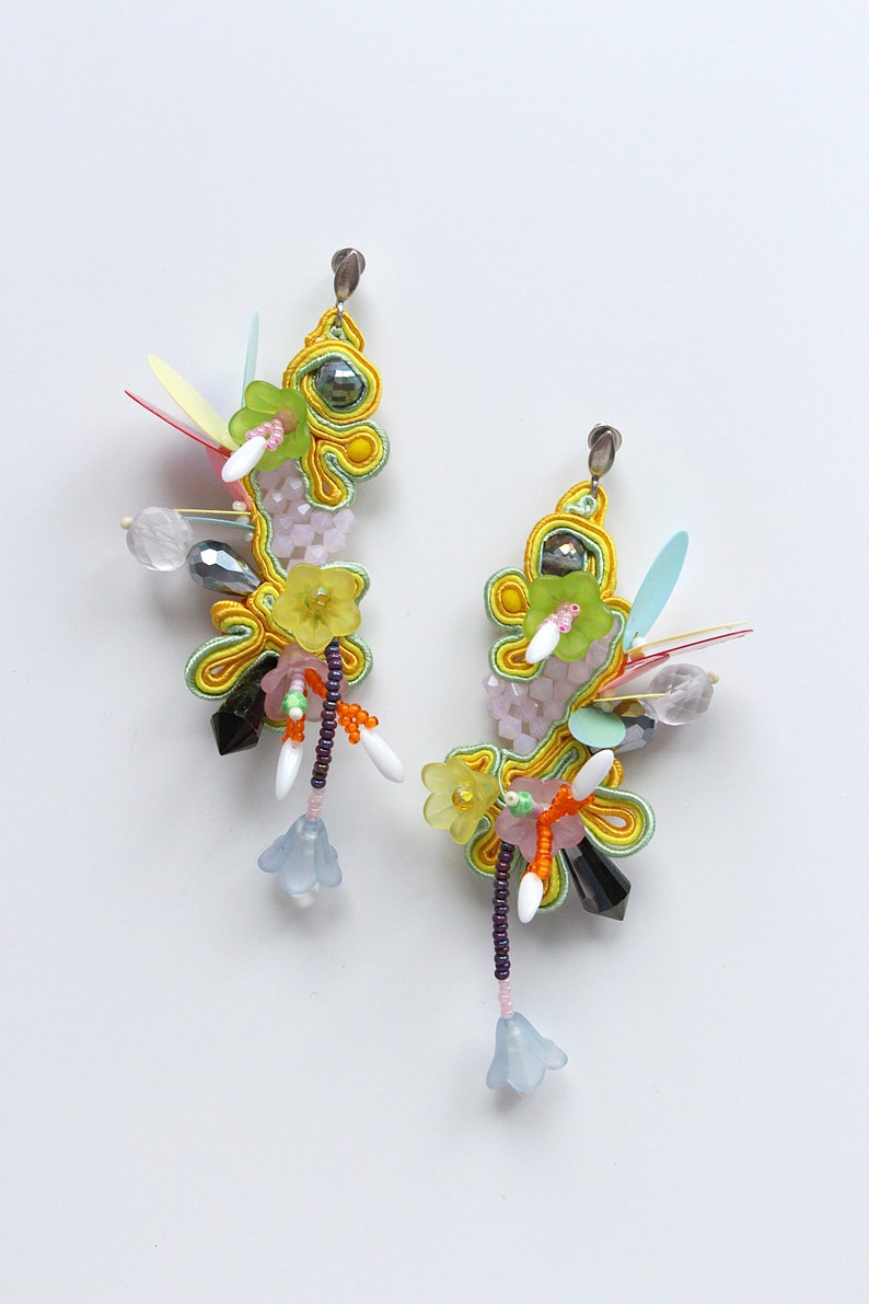 Beaded Soutache earrings, playful yellow earrings, floral beaded earrings, bead flower earrings, colorful funny earrings, Soutache Jewelry image 2