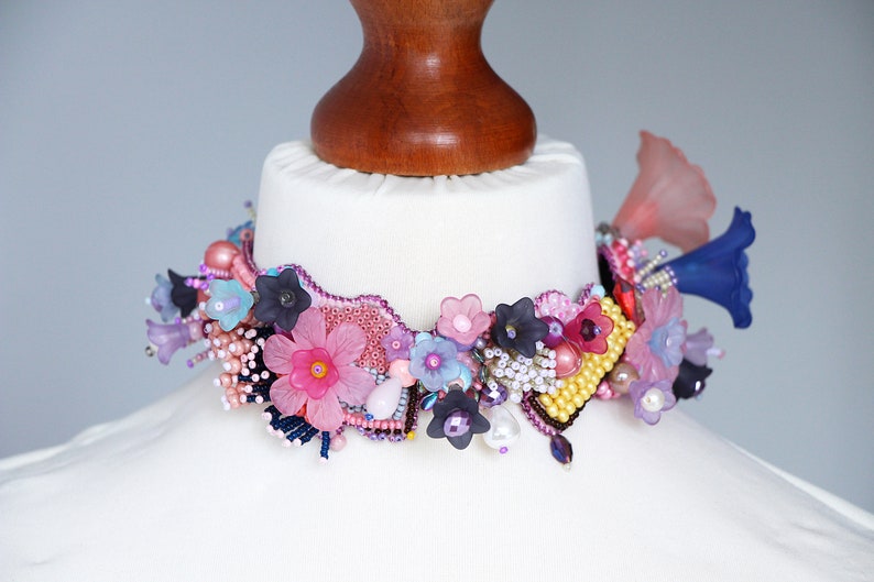 Pink collar choker for women and men, Flower choker necklace, Floral jewelry neck piece image 6