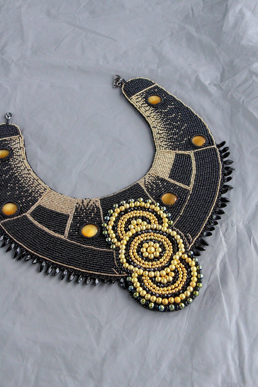 Chunky Statement African Beaded Collar Necklace Large With Gold Beads and Geometrical Forms