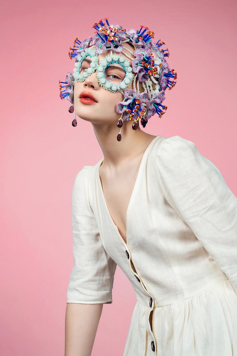 Beaded masquerade mask headpiece, Haute couture fashion headdress design image 5