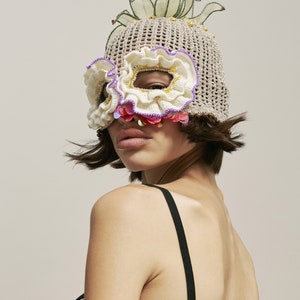 Crochet Balaclava Mask Wearable Art Headwear Headpiece Gold Lace Beaded Hat With Ruffle Eyes image 6