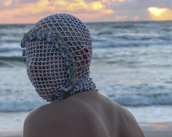 Crochet hood mask, face covering mask, silver crochet hat with face grid-net, samurai full face mask