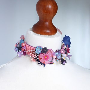 Pink collar choker for women and men, Flower choker necklace, Floral jewelry neck piece image 1