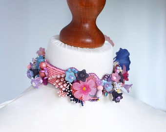 Pink collar choker for women and men, Flower choker necklace, Floral jewelry neck piece