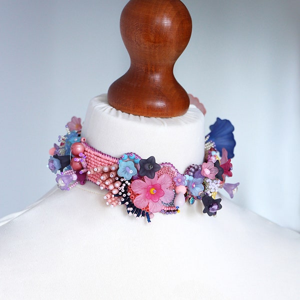 Pink collar choker for women and men, Flower choker necklace, Floral jewelry neck piece