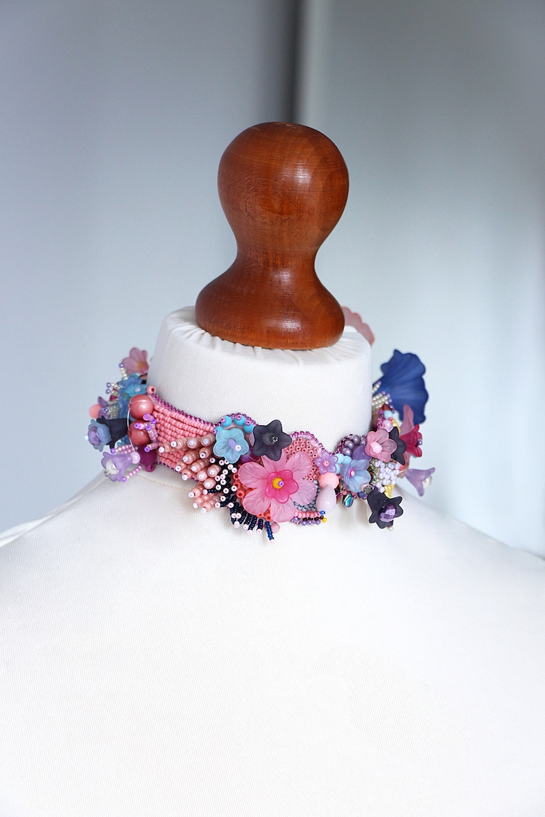 Pink collar choker for women and men, Flower choker necklace, Floral jewelry neck piece image 1