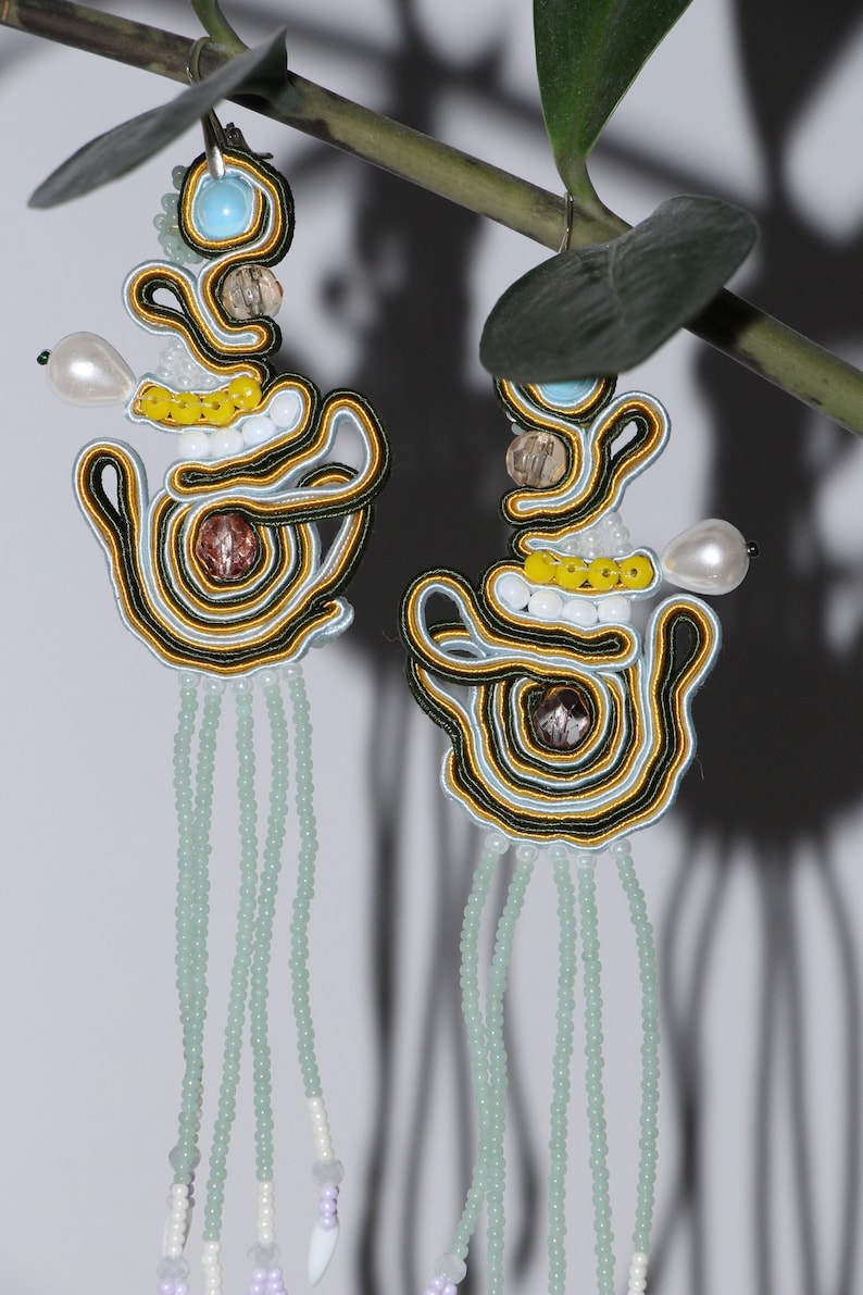 Long Soutache earrings, large fringe earrings, big beaded earrings, long dangle earrings, green yellow jewelry, Festival accessories image 8