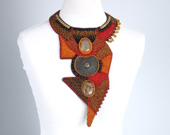 Long Bold African Statement Bib Necklace Chunky Beaded Collar With Two Glass Stones And Metal Buckle In The Centre Of Neck Piece