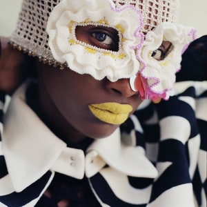 Crochet Balaclava Mask Wearable Art Headwear Headpiece Gold Lace Beaded Hat With Ruffle Eyes image 2