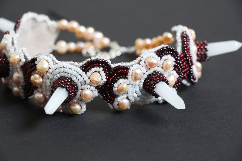 Jade quartz spiked choker collar, Gemstone choker necklace, Beaded pearl choker, Gift for women image 4