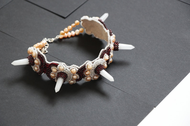 Jade quartz spiked choker collar, Gemstone choker necklace, Beaded pearl choker, Gift for women image 2