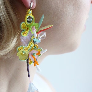 Beaded Soutache earrings, playful yellow earrings, floral beaded earrings, bead flower earrings, colorful funny earrings, Soutache Jewelry image 4